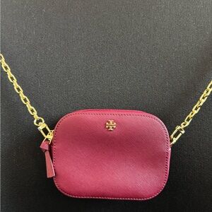 Tory Burch Emerson camera crossbody, burgundy / wine, saffiano and gold hardware